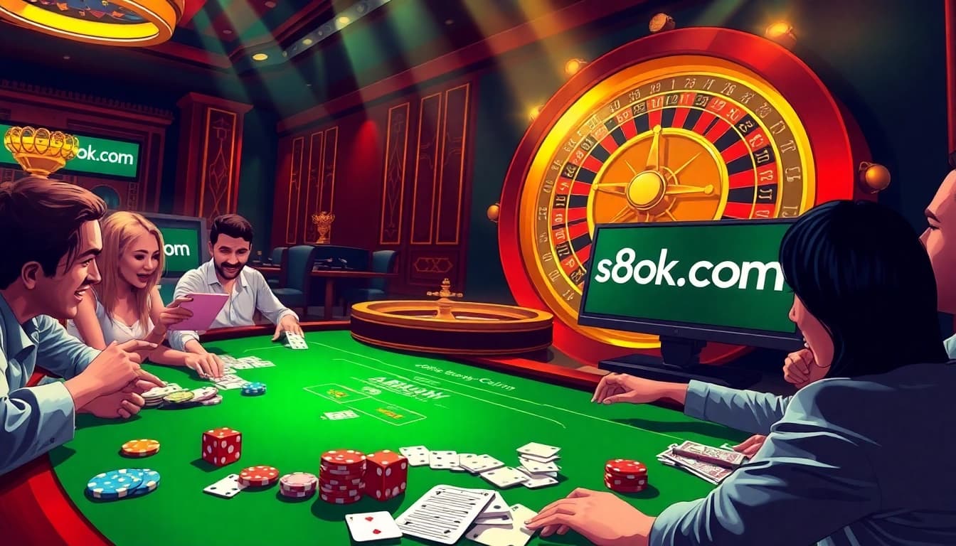 Experience thrills at s8ok.com with an exciting casino scene featuring vibrant tables and games.