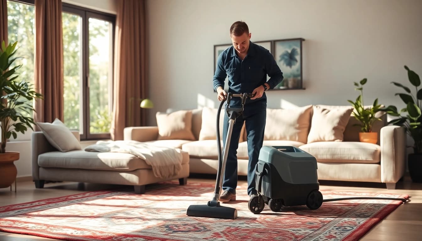 Expert carpet cleaning lincoln ca technician revitalizing an area rug in a bright, cozy living room.