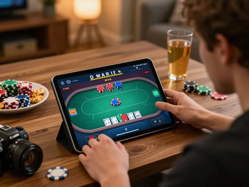 Player enjoying an exhilarating okwin poker session on a tablet in a cozy home setting.