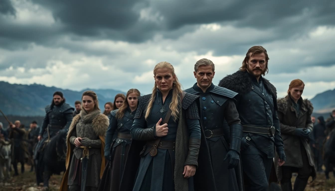 The game of thrones cast showcased in an epic battle scene highlighting characters and costumes.