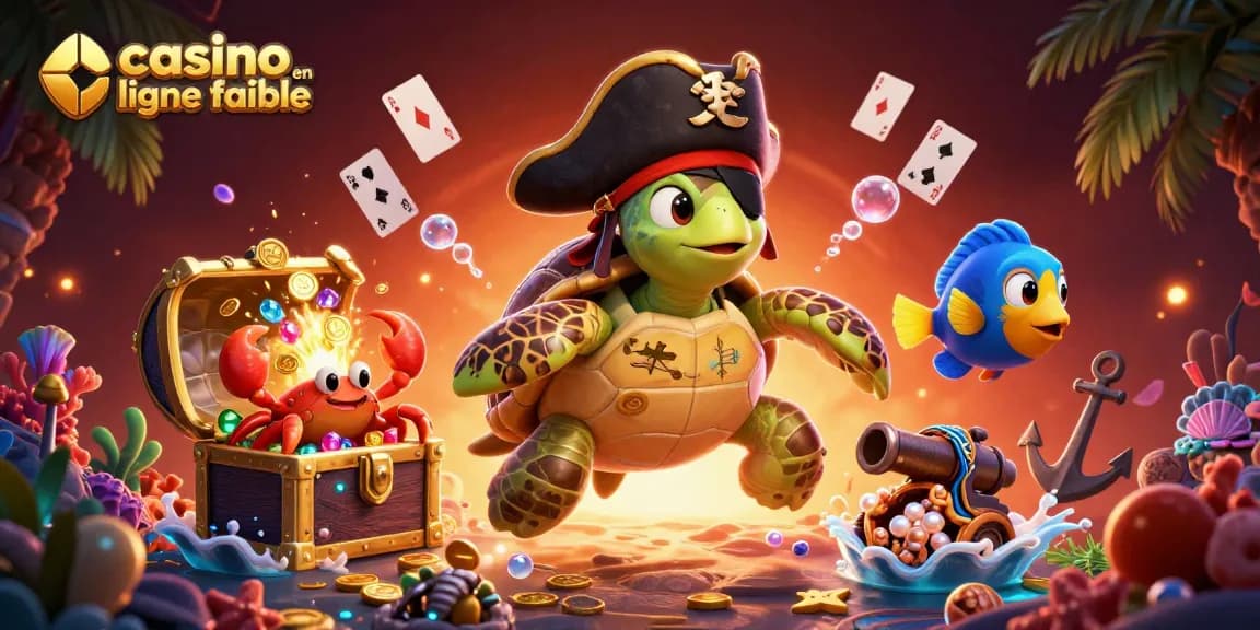 Jouez sur un casino en ligne fiable avec une tortue pirate et un coffre au trésor sous-marin, entourés d'éléments de poker.