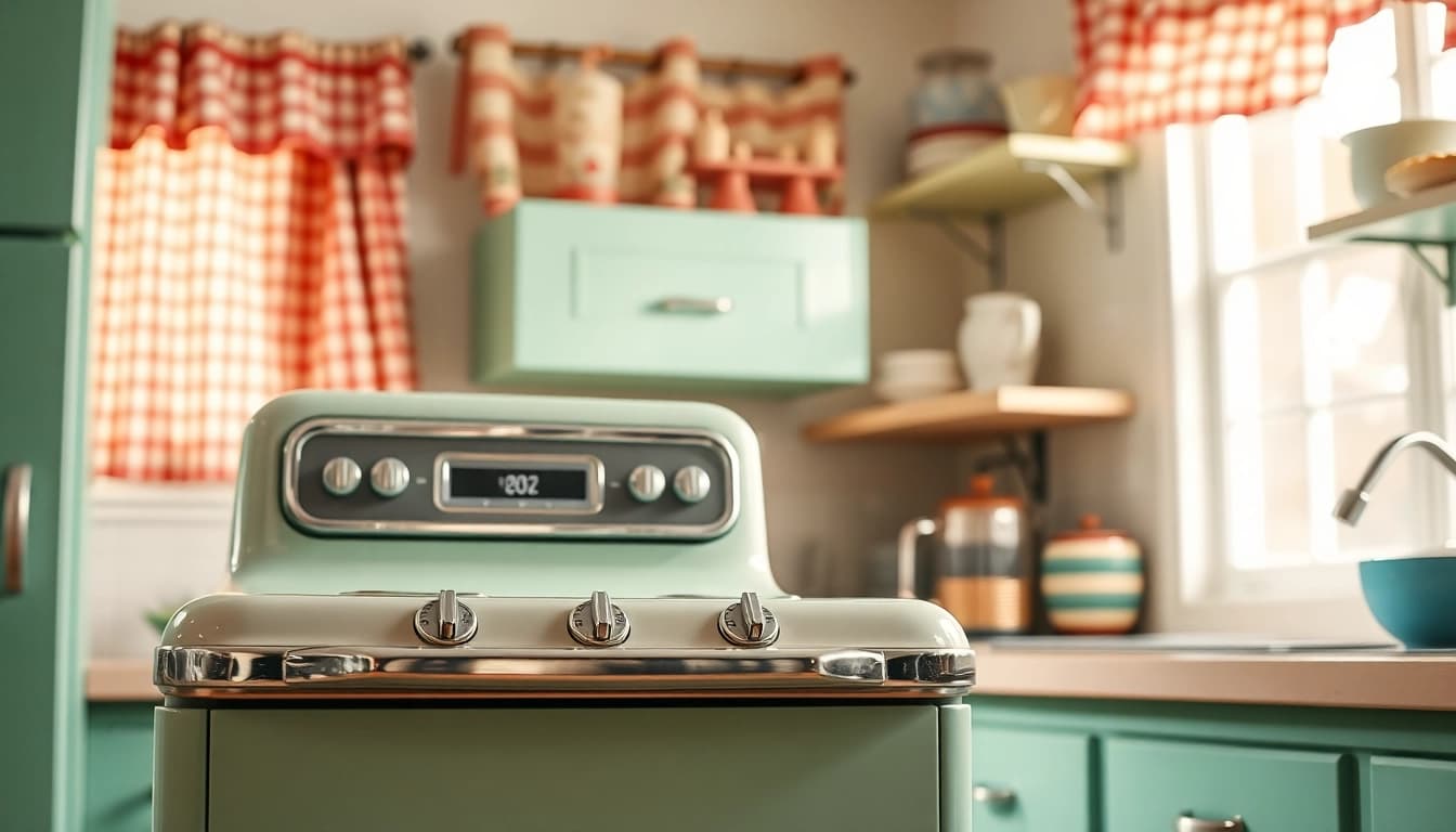 Showcase of a Retro Appliance in a vintage kitchen setting with pastel colors and natural lighting.