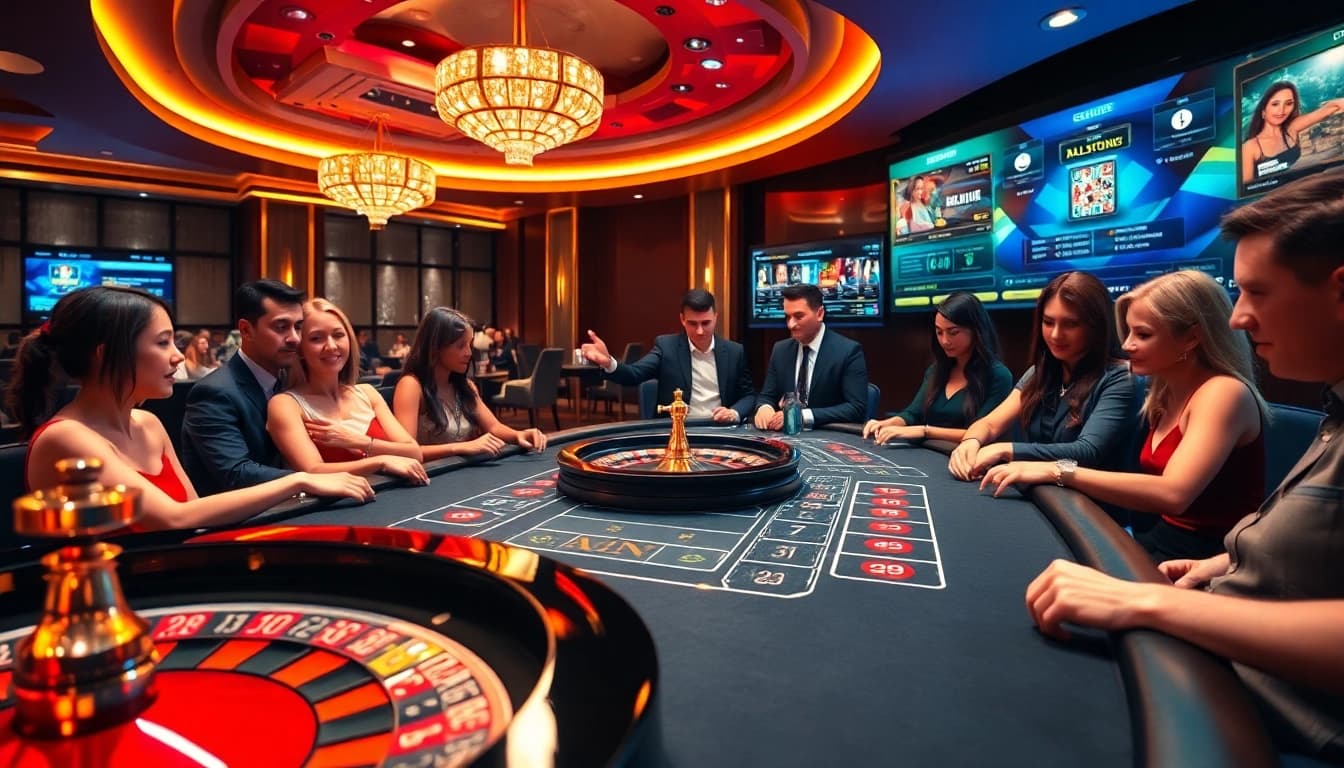 Experience thrilling gameplay at https://nohu90io.uk.net/ with a dynamic casino scene featuring a roulette wheel and poker chips.