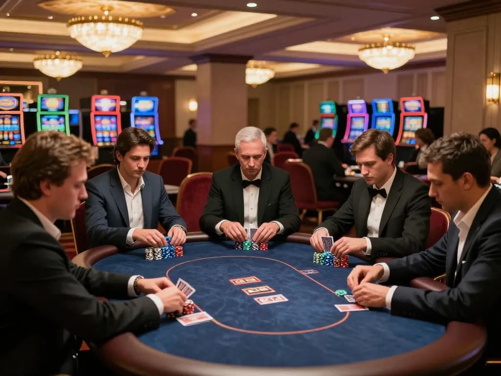 Players engage in a strategic poker game at SC88 upscale casino, showcasing intense focus and colorful chips