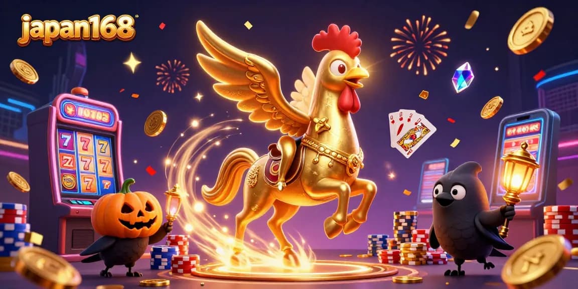 Experience the excitement of japan168 with a golden rooster and slot machines amidst vibrant casino energy.
