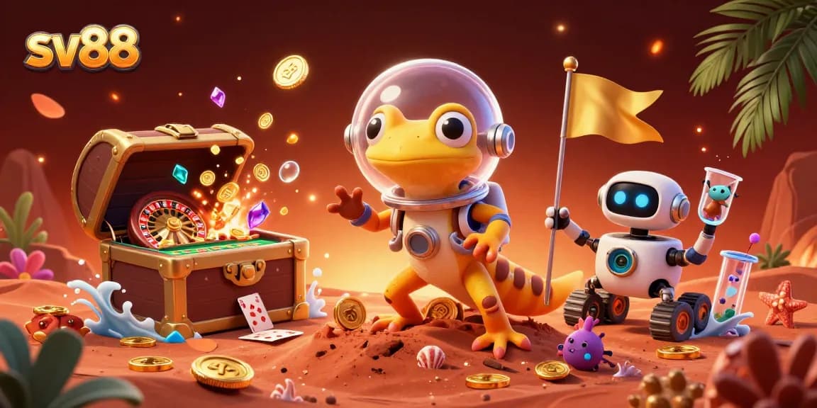 Engage with sv88's thrilling casino games as Martian gecko explores a golden discovery amidst vibrant gambling elements.