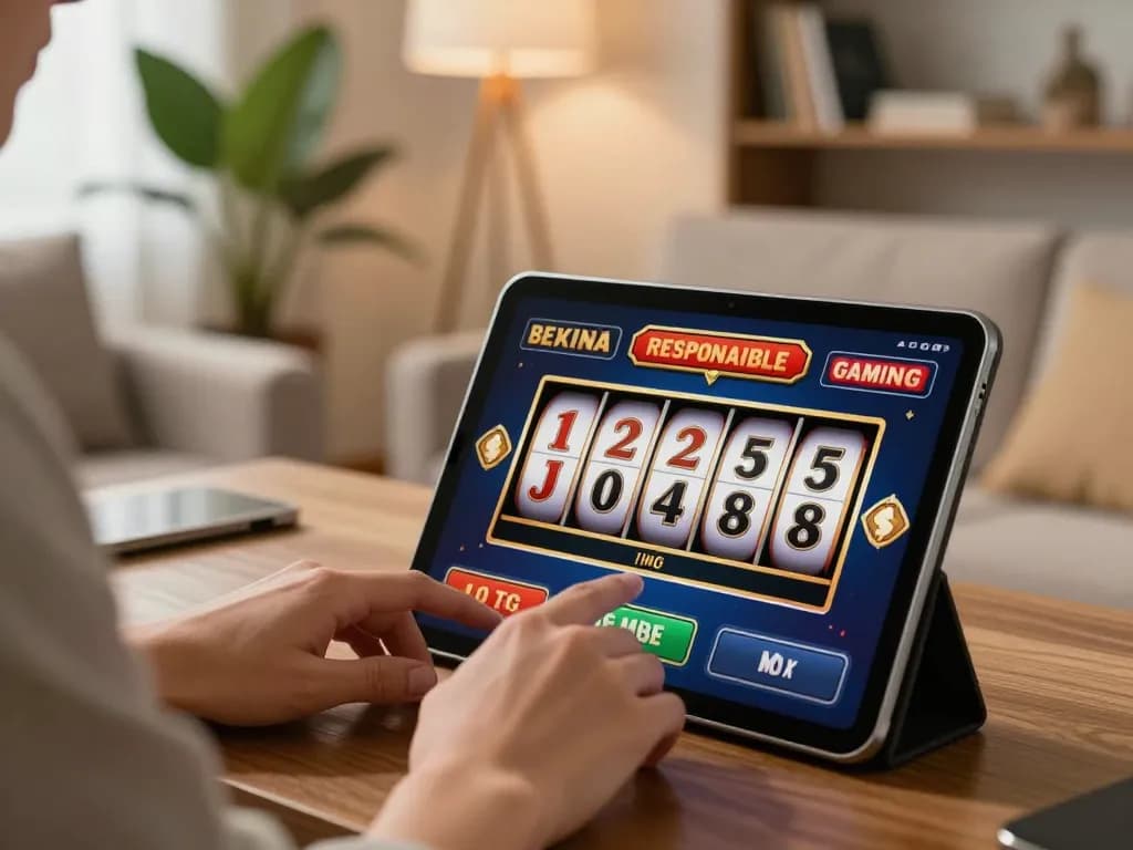 Player enjoying fb88 online slots on tablet in a cozy living room with warm lighting.