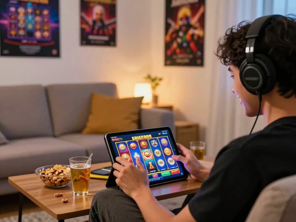 Player enjoying slot gacor games on a tablet in a cozy living room with vibrant gaming visuals.