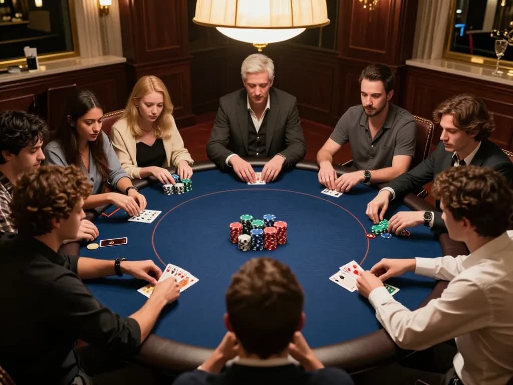 Engaging poker night at du88 with friends strategizing over cards and colorful chips.