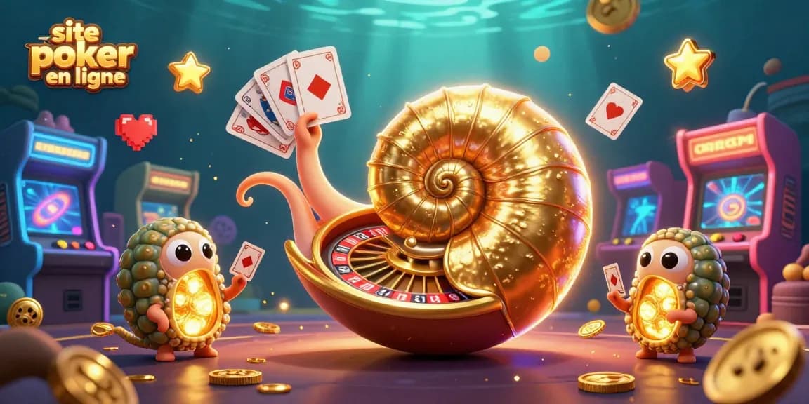Jouez au site de poker en ligne avec un nautilus géant et des éléments de jeu colorés.