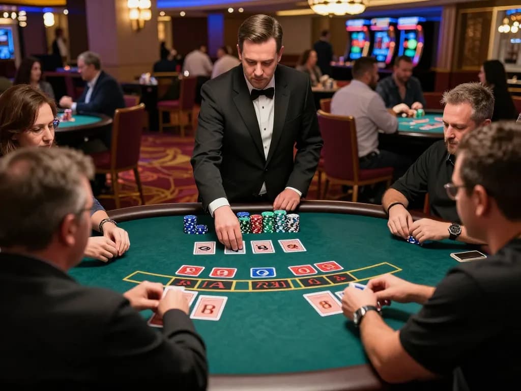 Players enjoying a strategic game of blackjack at DH88 casino, focused on dealer and cards.
