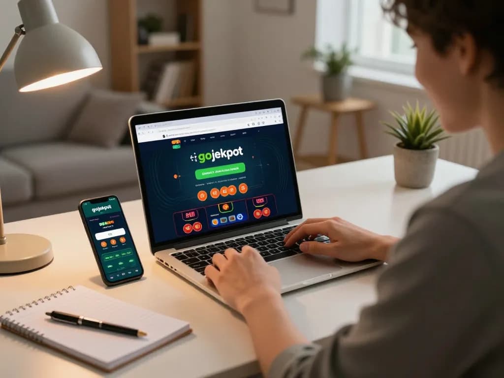 Engaging in online gojekpot casino gameplay at home with a laptop and smartphone.