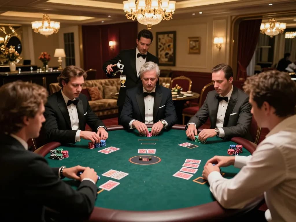 Nhà cái FIVE88 players engaged in a high-stakes private poker game, showcasing luxury and strategic betting.