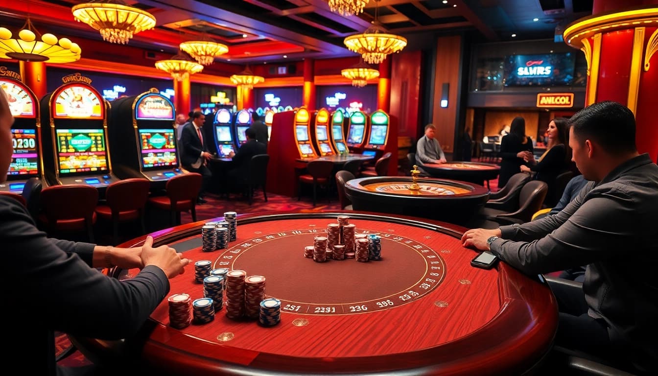 Permainan poker yang menarik di kasino mewah dengan elemen Utama4D dan chip poker yang berwarna-warni.