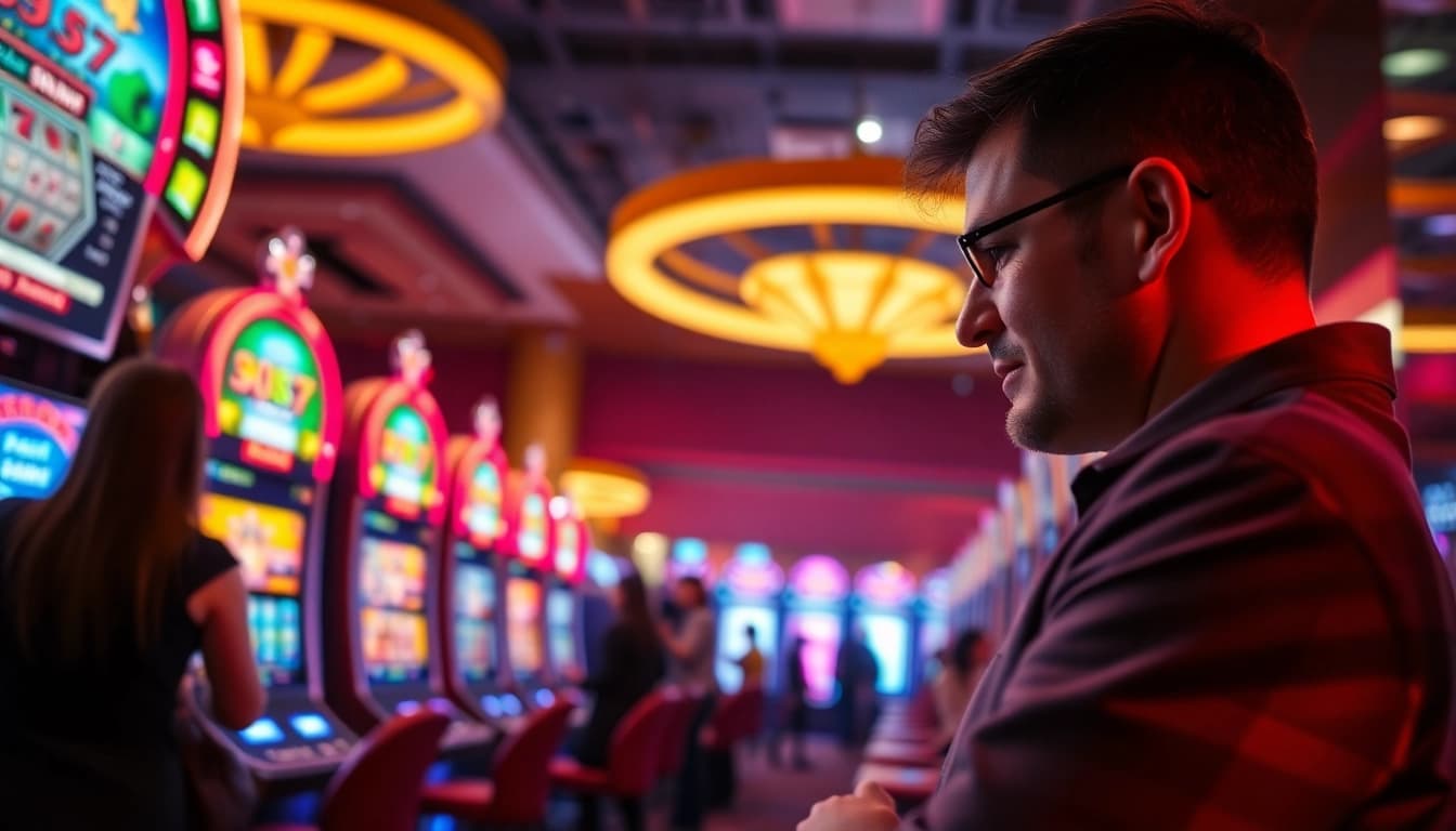 Sukses bermain situs toto di kasino, menampilkan pemain terfokus di mesin slot.