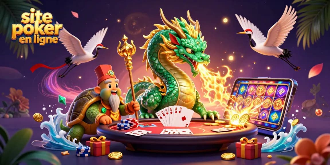 Vivez l'expérience du site de poker en ligne avec un dragon jade et des éléments de jeu captivants.