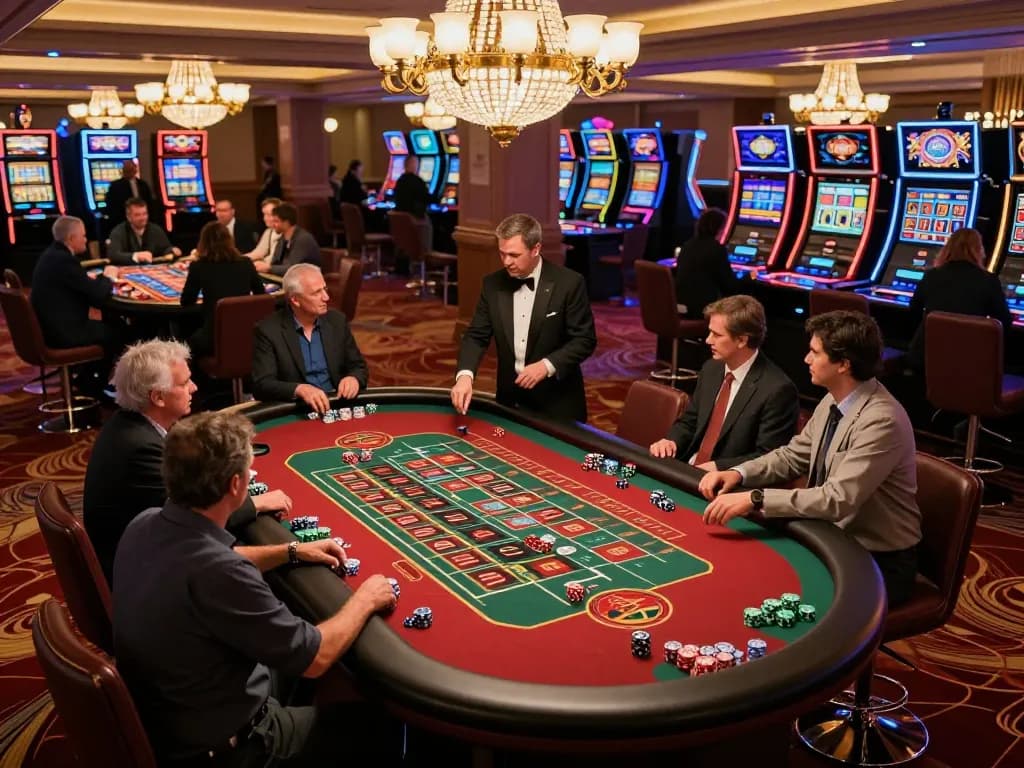 56WIN players actively placing bets at a vibrant roulette table on an upscale casino floor.