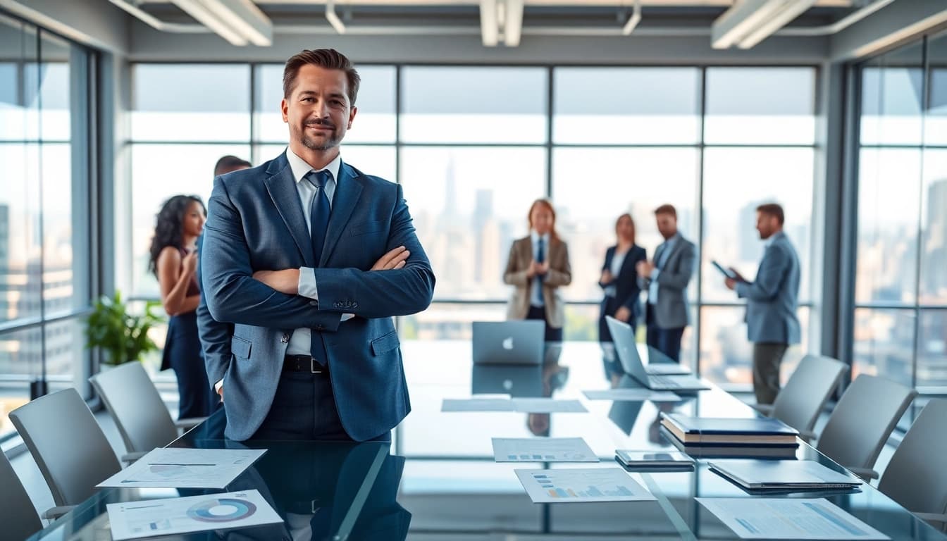 Dynamic scene of a crisis management consultant facilitating a team brainstorming session.