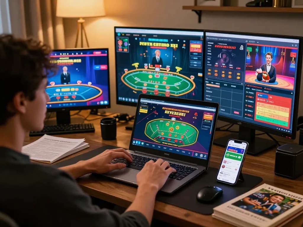 Engaging in w 88 online gaming from a stylish home setup, showcasing vibrant gameplay on multiple screens