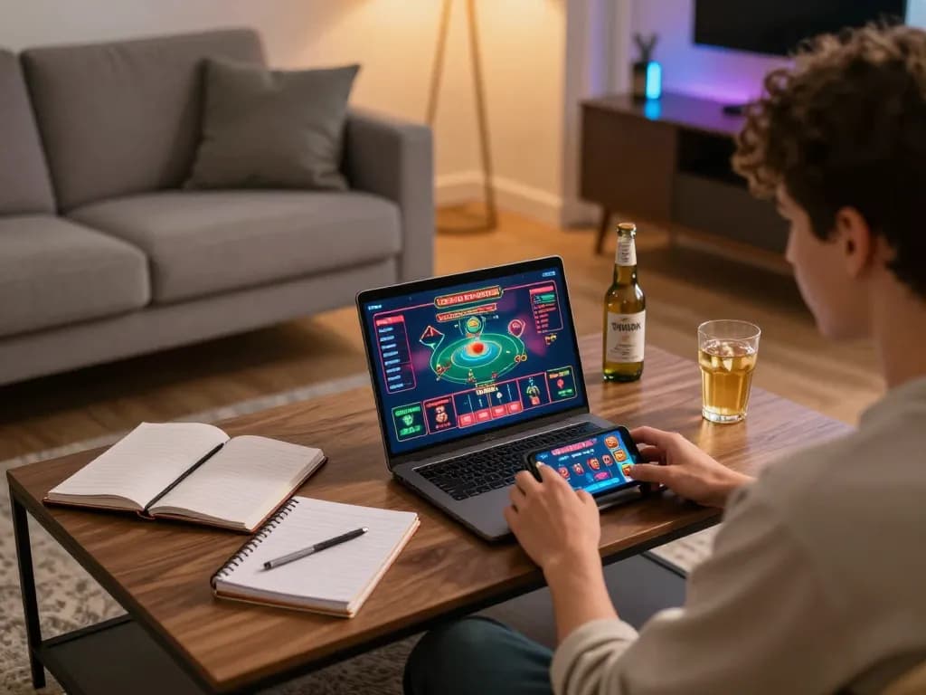 A player enjoying online gambling at Nhà cái 79king using laptop and smartphone in a cozy setting.