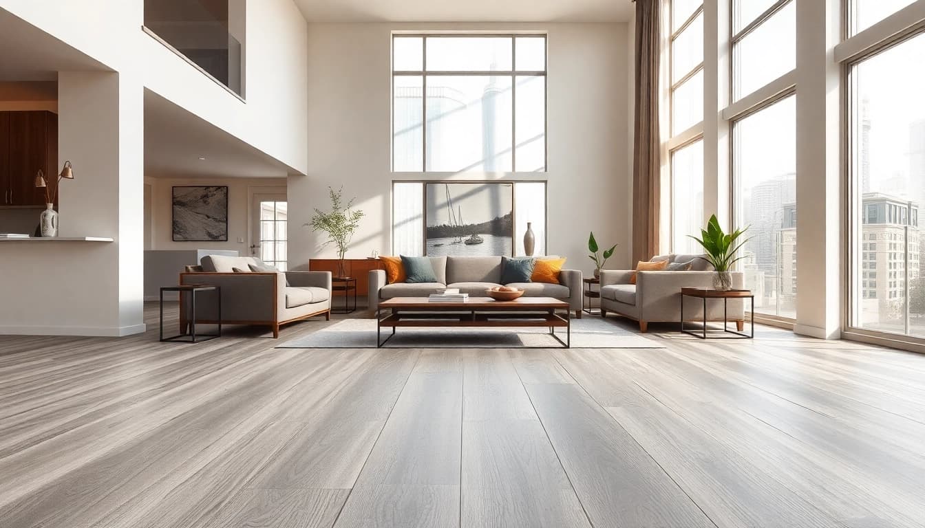 Transform your space with chic chicago flooring featuring elegant grey oak planks.