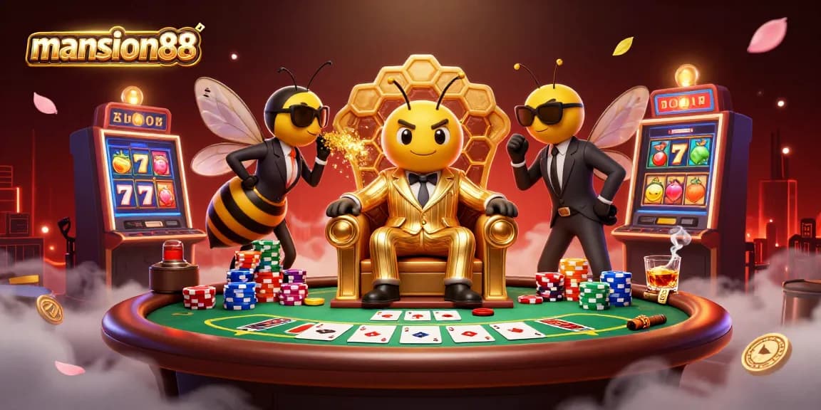 Experience the thrill of mansion88 as players bet amidst vibrant poker and festive casino elements.
