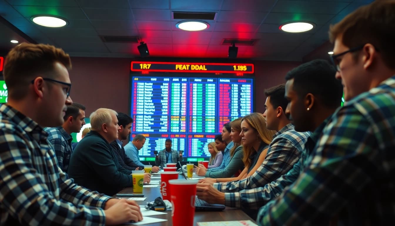 Engaged bettors analyzing odds at the best sportsbooks in Brazil in a vibrant atmosphere.