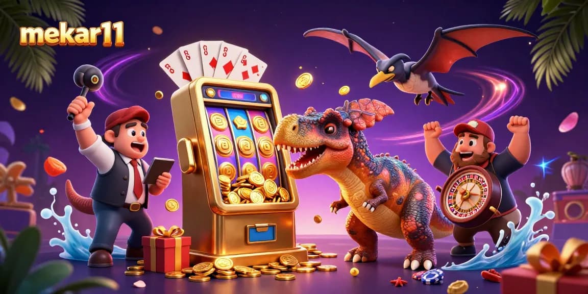 Experience the excitement of winning with mekar11 as a cartoon dinosaur interacts with a jackpot slot machine