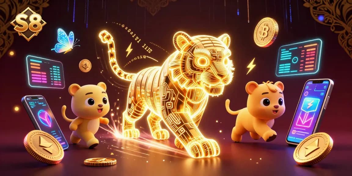 S8 highlights a vibrant gaming scene with a neon tiger, cryptocurrency coins, and high-energy casino action.