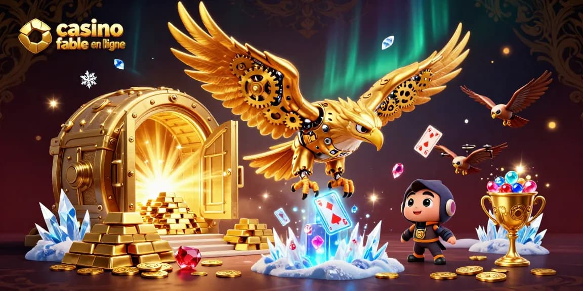 Jouez au casino fiable en ligne avec cette illustration dynamique de personnages et d'éléments de jeu captivants.