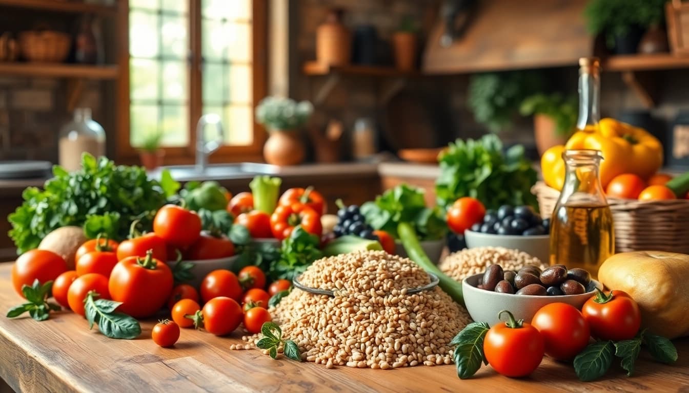 Delicious Mediterranean diet spread showcasing vibrant vegetables and healthy foods.