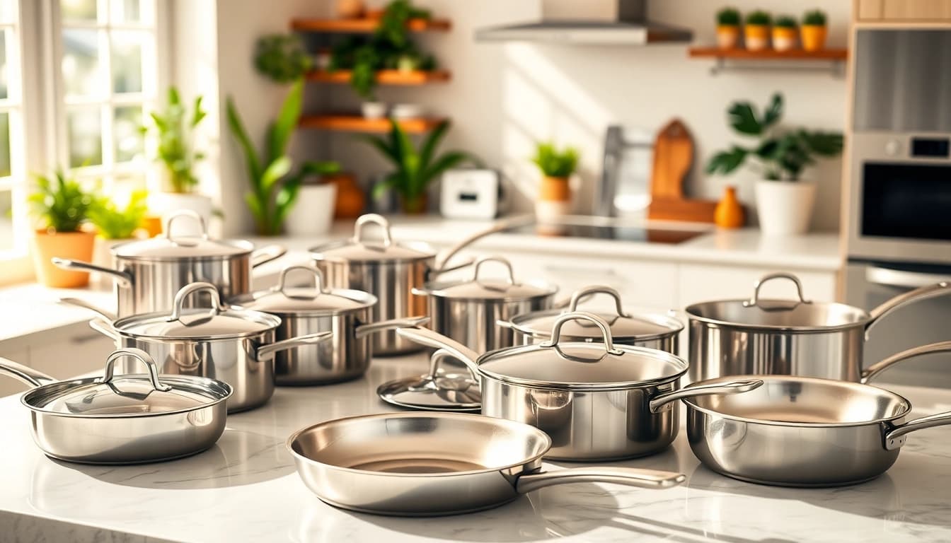 Cookware set showcased in a bright kitchen environment, illustrating different types for diverse cooking needs.