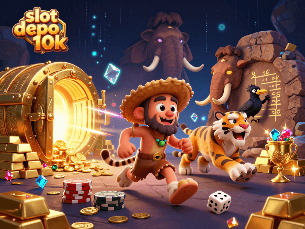 Menangkan slot depo 10k dengan kasino prasejarah dan karakter menarik di ilustrasi 3D.