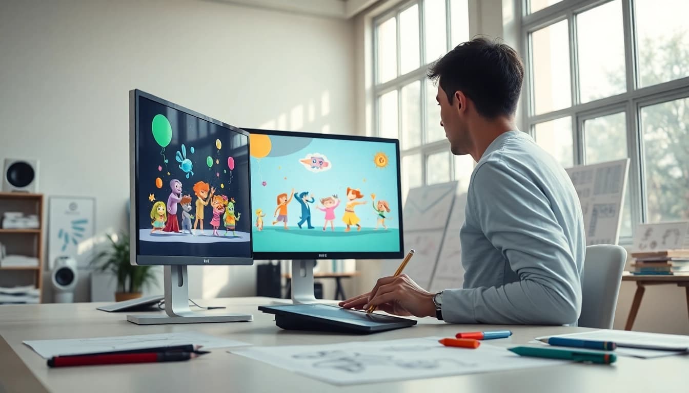 Animation Erstellen durch kreativen Designer in hellem Studio mit Animationstools und lebendigen Charakteren.