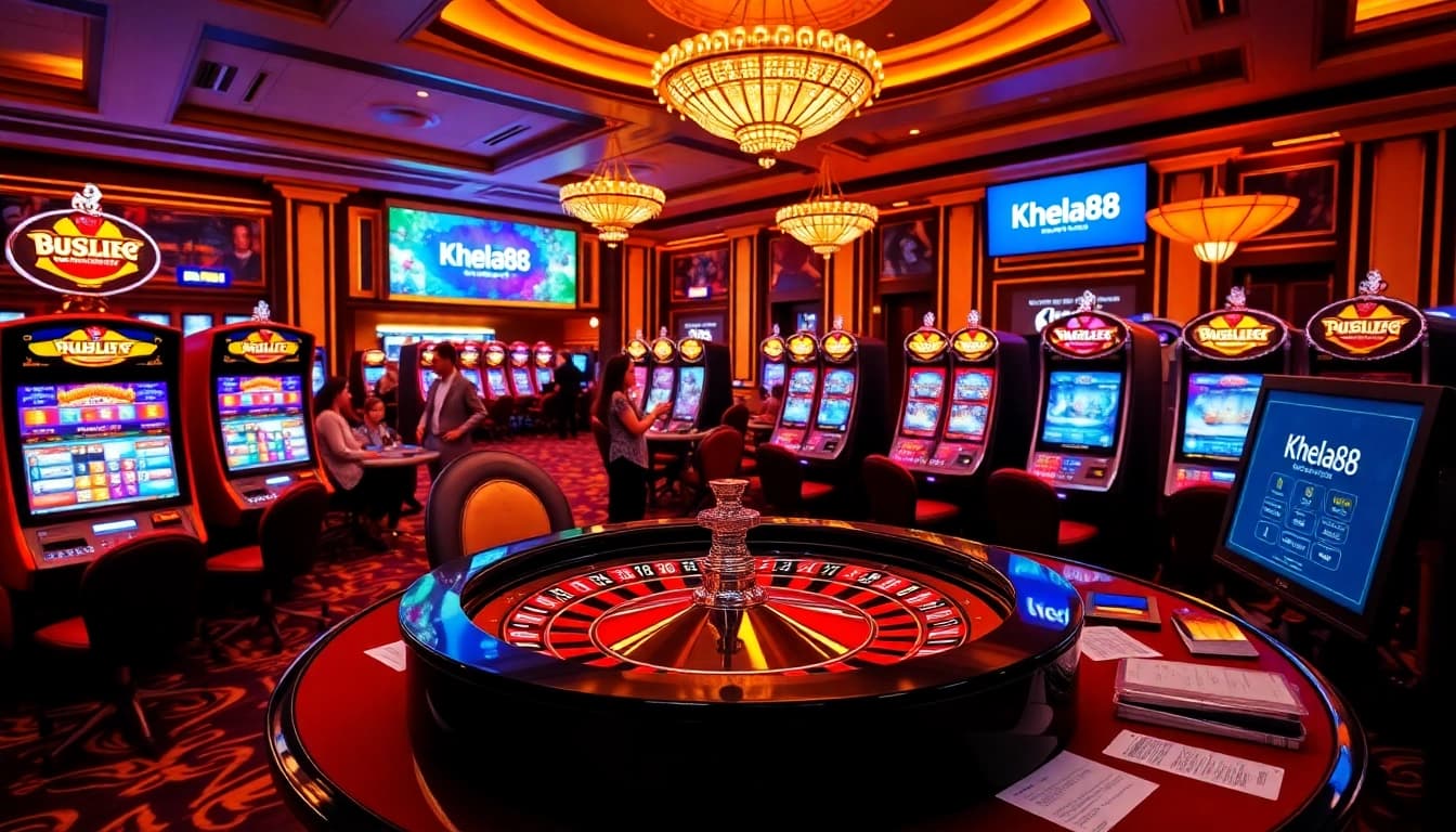 Khela88 players enjoying an exciting casino atmosphere with roulette and slot machines.