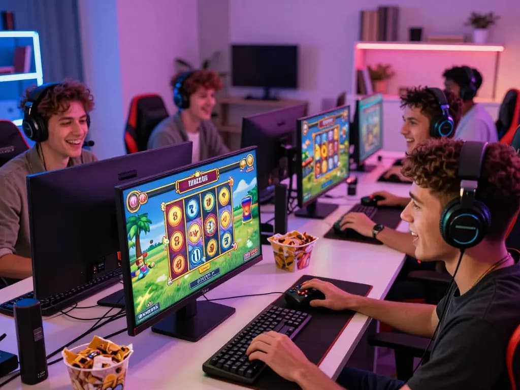 Exciting gameplay at vegasslot77 with players immersed in colorful online slots.