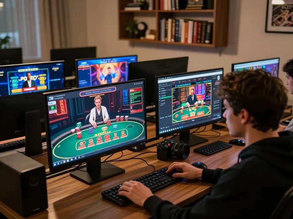 FB88 user engaging in online gaming strategy with multiple screens in a cozy home setup