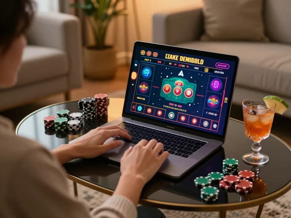 Enjoying live casino games with Nhà Cái W88 on a laptop, vibrant atmosphere in a cozy setting
