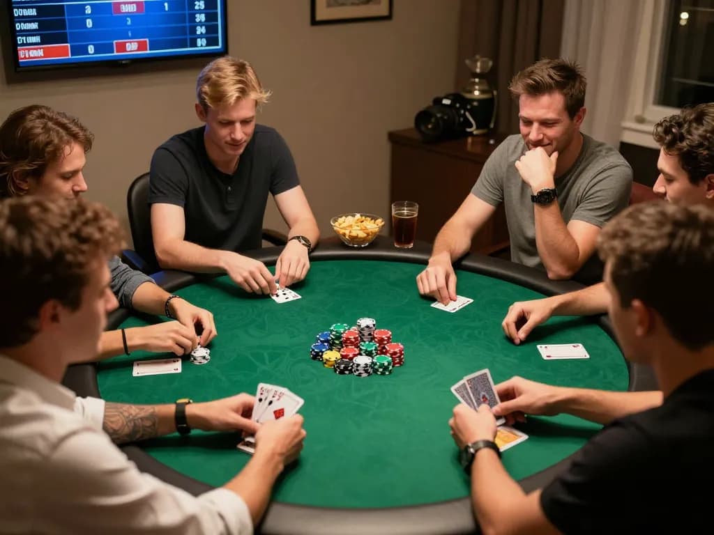 Engaged players at a home poker night strategizing with king slot cards and colorful chips.