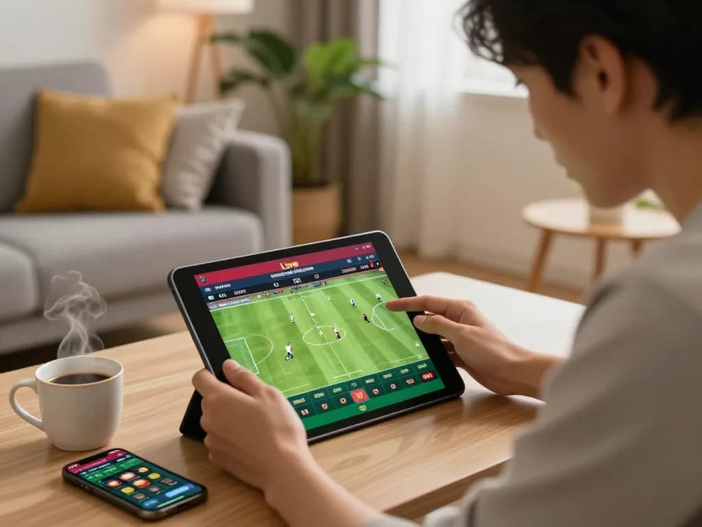 Person engaged in online sports betting at uu88, focusing on a tablet screen displaying live odds.