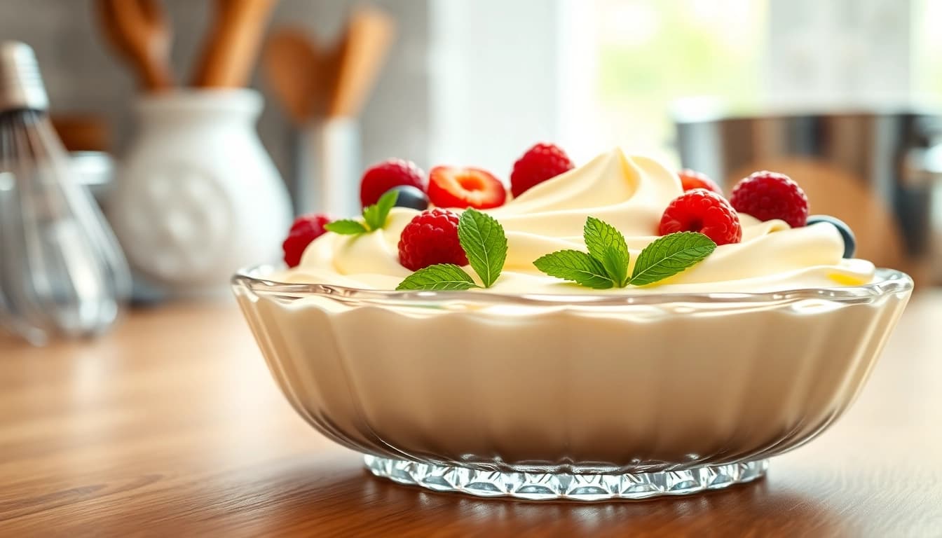 Proef de Mousseline-crème die mooi is gepresenteerd met bessen en munt, perfect voor een dessert.