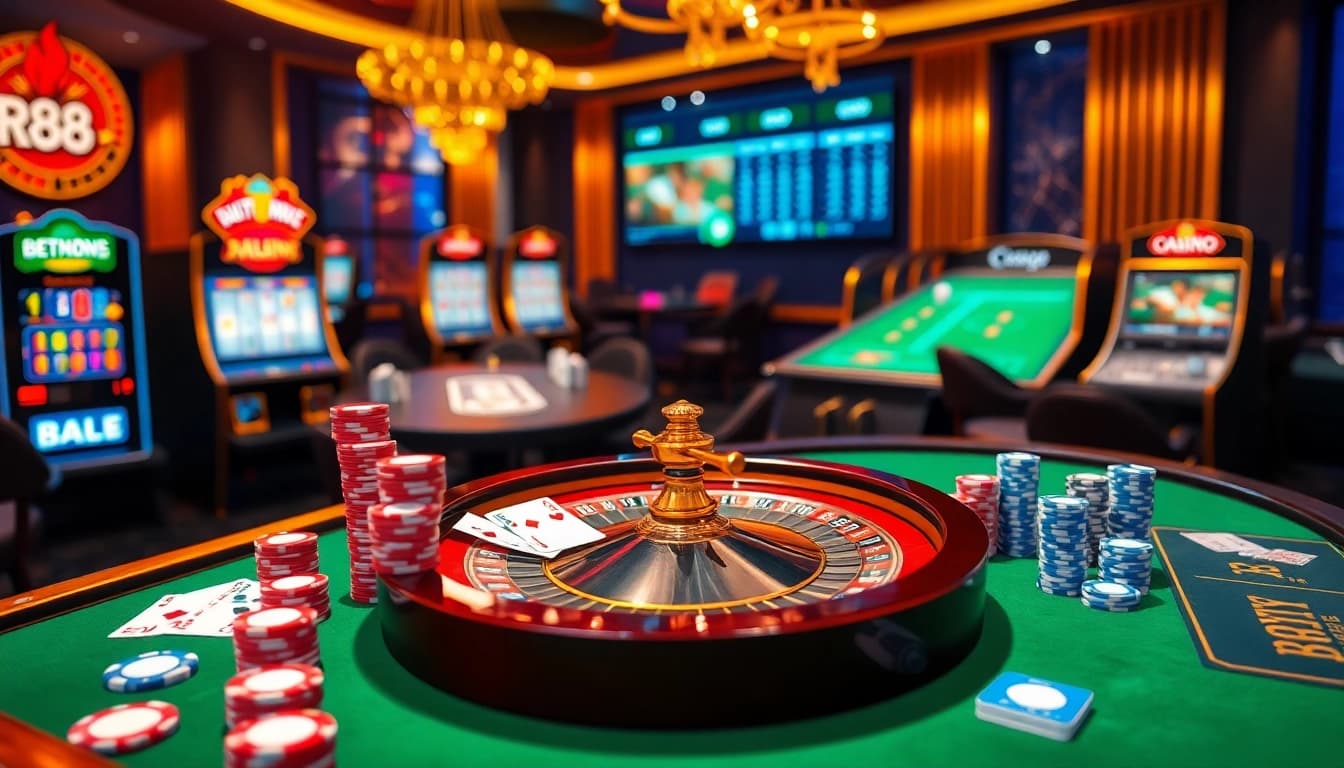 Exciting gambling scene at RR88 featuring high-quality cards and roulette wheel.