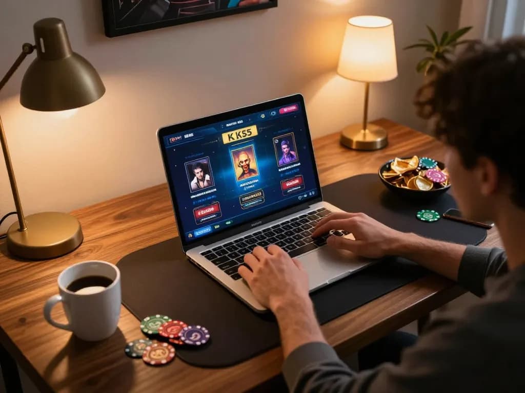 Engaging gameplay on KK55 online casino setup at home, featuring warm lighting and snacks.