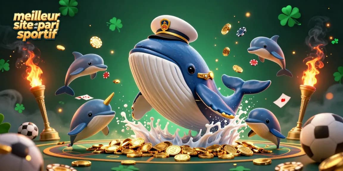 Pariez sur le meilleur site de pari sportif avec une illustration animée de baleine et dauphins.