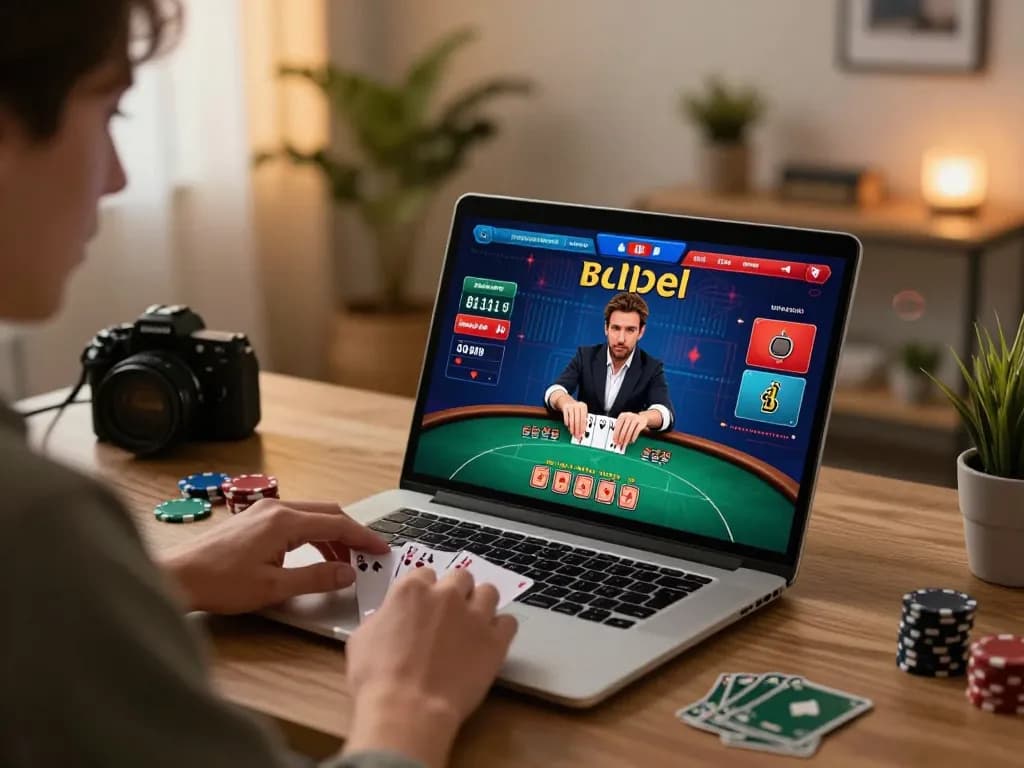 Player engaging in a strategic vipwin online poker game while analyzing cards in a cozy home setting