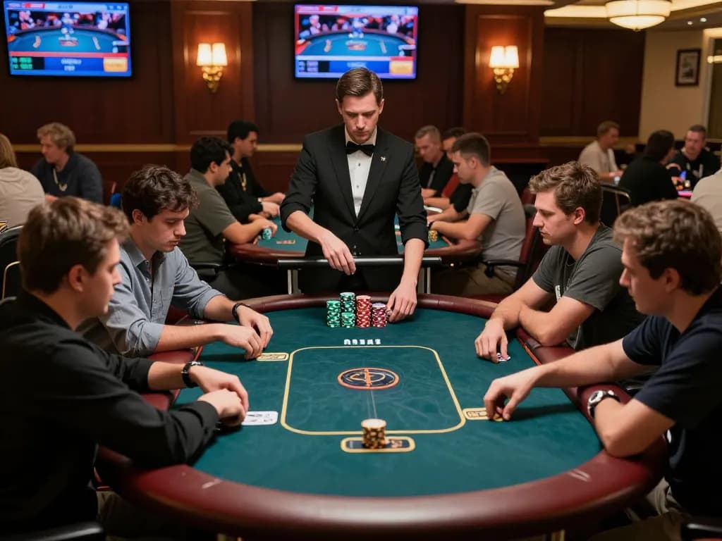 J188 players engaged in a strategic poker game during an upscale casino tournament, showcasing intense focus and skill.
