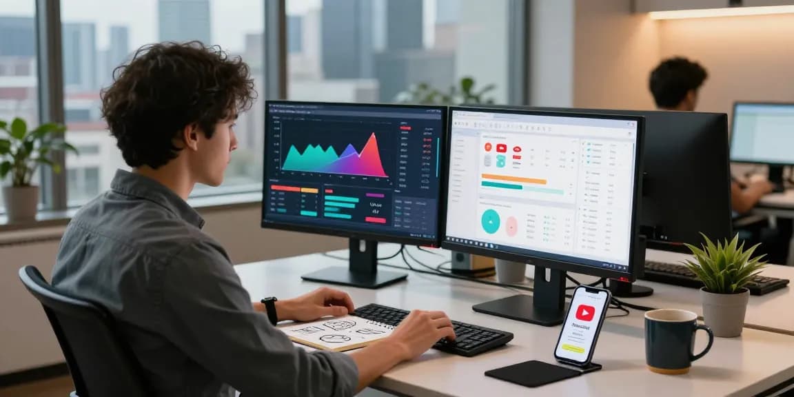 Social media strategist analyzing data to purchase YouTube views in a modern office setting.