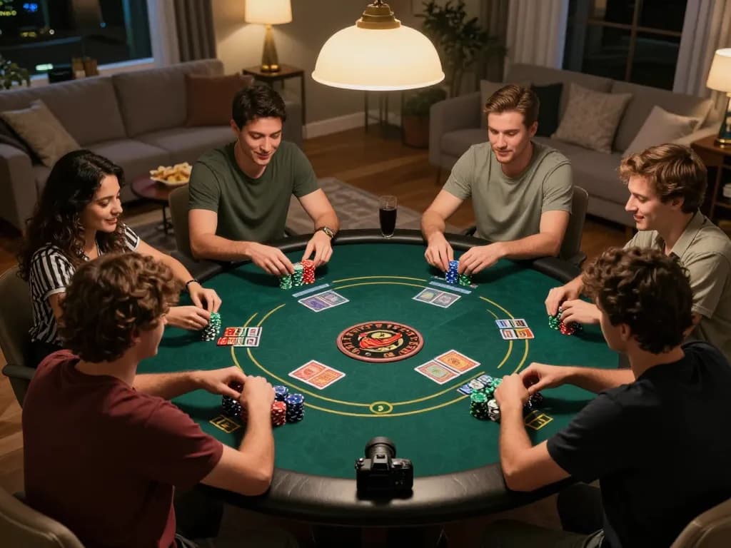 Sunwin players enjoying a spirited home poker game with vibrant chips and cards on a cozy table.