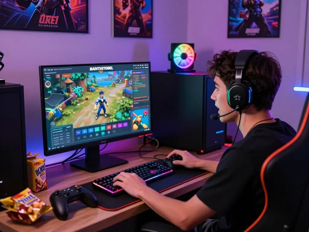 Excited gamer engaging with BANTAITOGEL online platform in cozy gaming setup, showcasing vibrant interface and immersive experience.