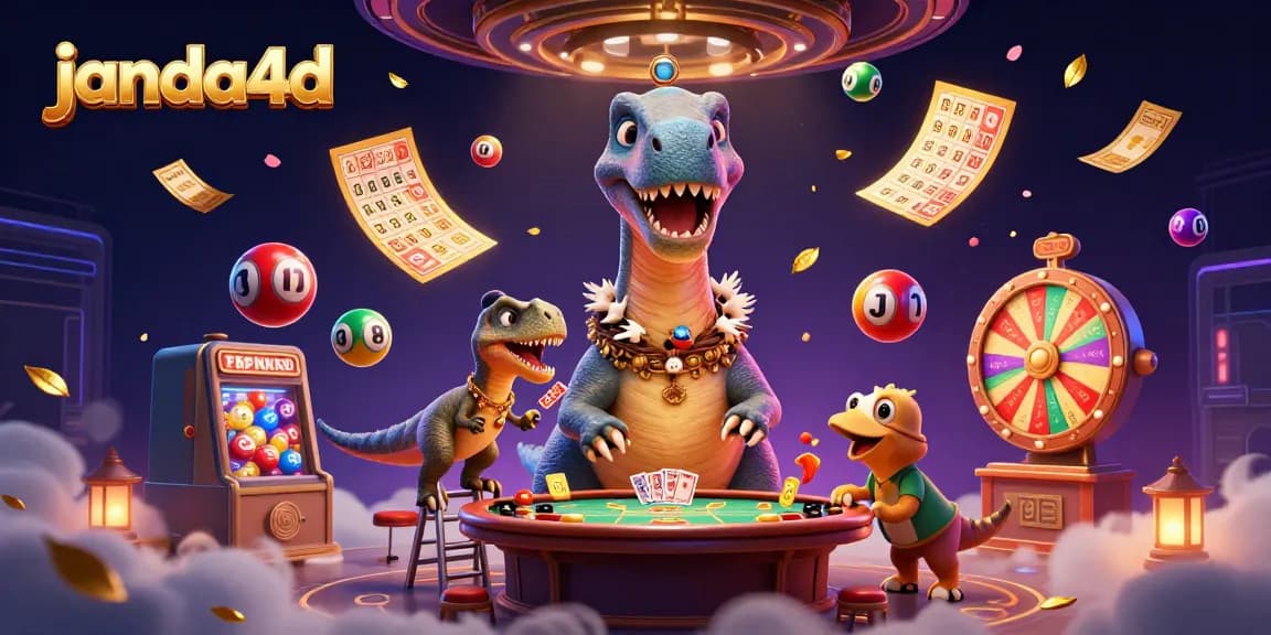 Janda4D menghadirkan suasana kasino dengan brontosaurus dan raptor yang dealer kartu, menghibur pemain.